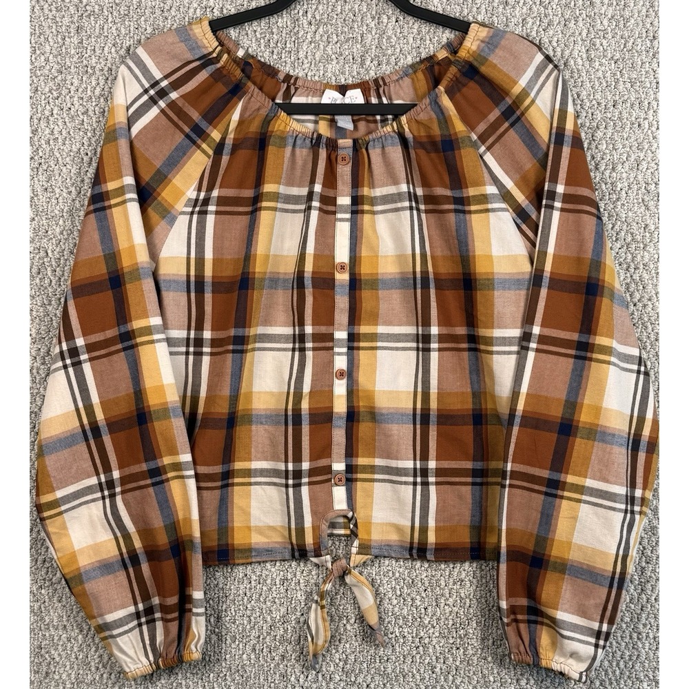 PLACE Plaid Crop Blouse Tie Front Boho Peasant Top Youth L/G  Cottagecore